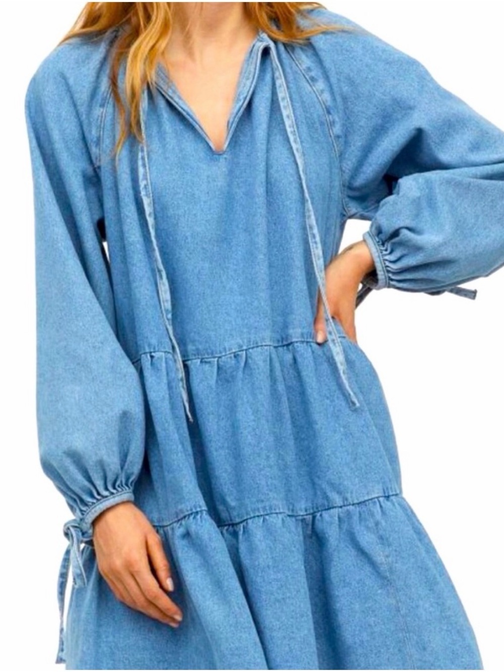H&M 100% Cotton Tiered Denim Mini Dress Size M Blue Long Sleeve Babydoll Shift